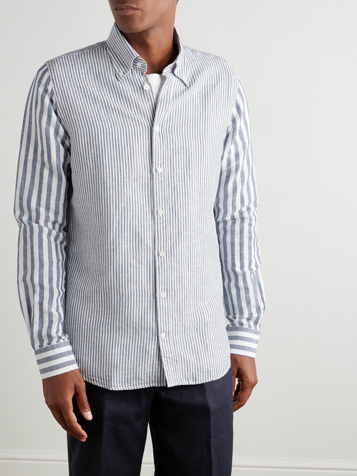 Richard James - Slim-Fit Button-Down Collar Striped Linen and Cotton-Blend Shirt - Blue