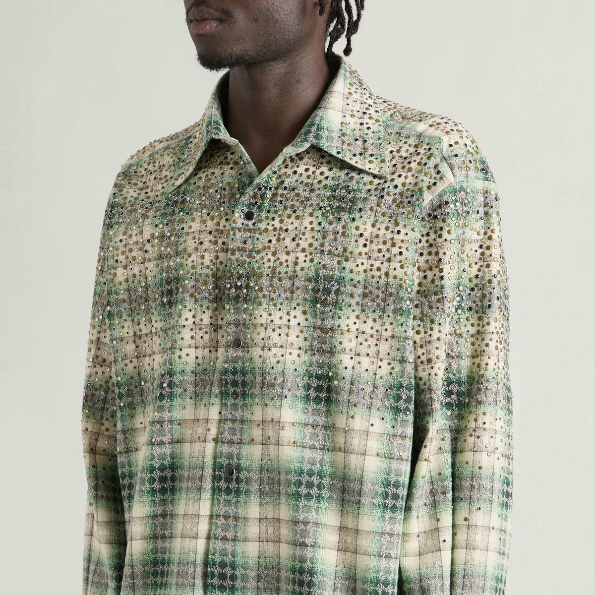 Amiri Men's Crystal Studded Western Flannel in Deep Teal