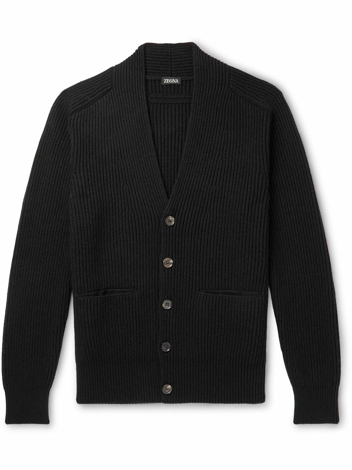 Zegna - Ribbed Cashmere, Linen and Cotton-Blend Cardigan - Black Zegna