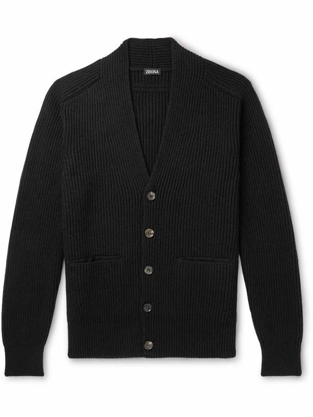 Photo: Zegna - Ribbed Cashmere, Linen and Cotton-Blend Cardigan - Black