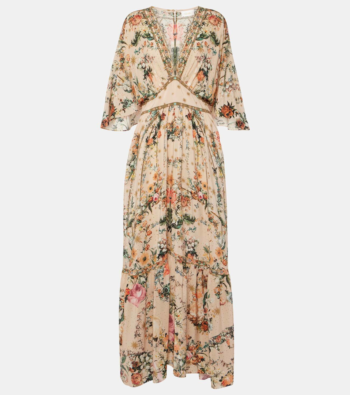 chinese dress ladies CAMILLA Red Multi Floral Print Silk Flutter Sleeve Maxi (Sz.XS)
