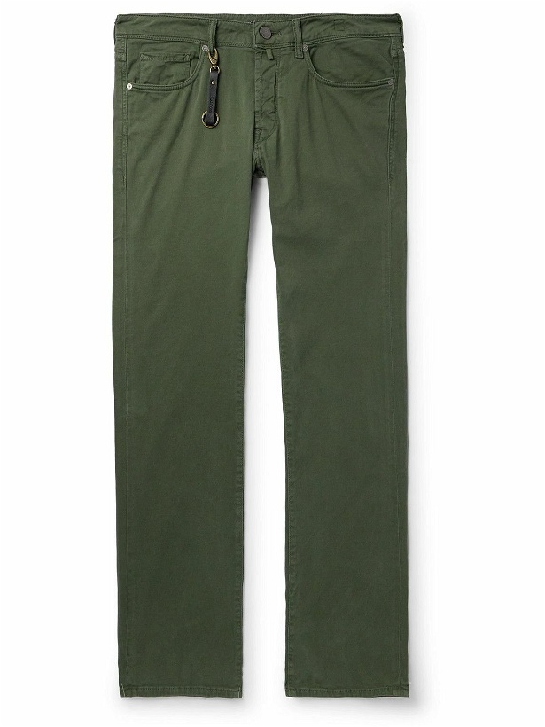Photo: Incotex - Leather-Trimmed Straight-Leg Jeans - Green