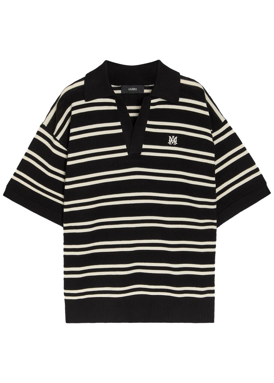 Amiri Striped Logo-embroidered Knit Polo Shirt Black