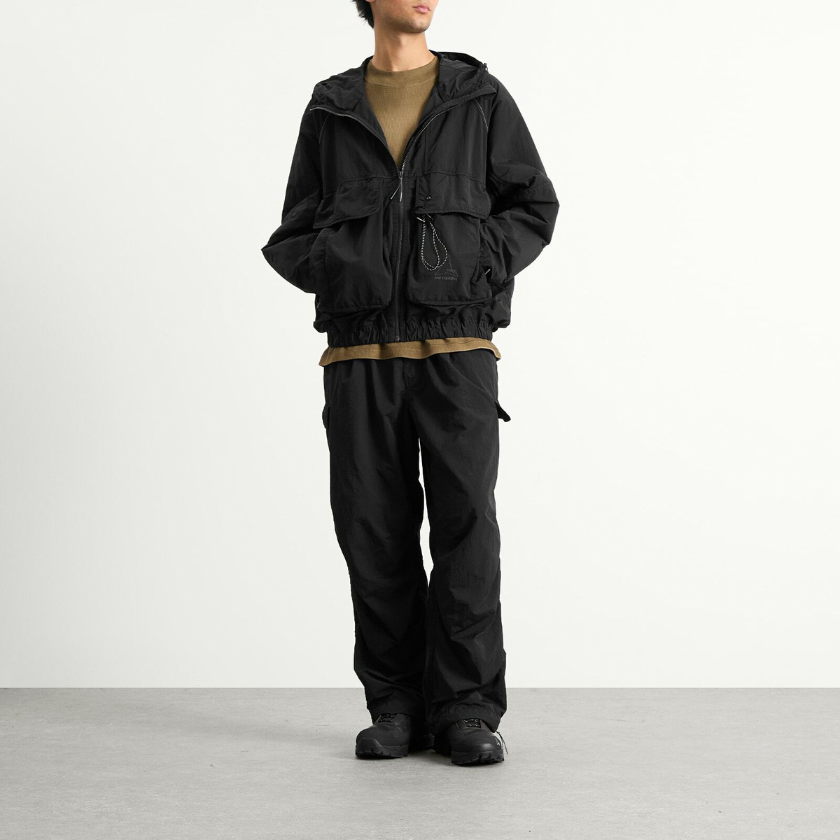 ROA Men's x And Wander Garment Dye Nylon Hooded Jacket in Black