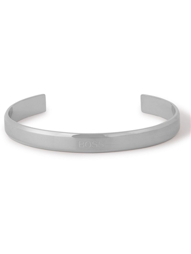 Photo: HUGO BOSS - Logo-Engraved Brushed Stainless Steel Cuff - Silver