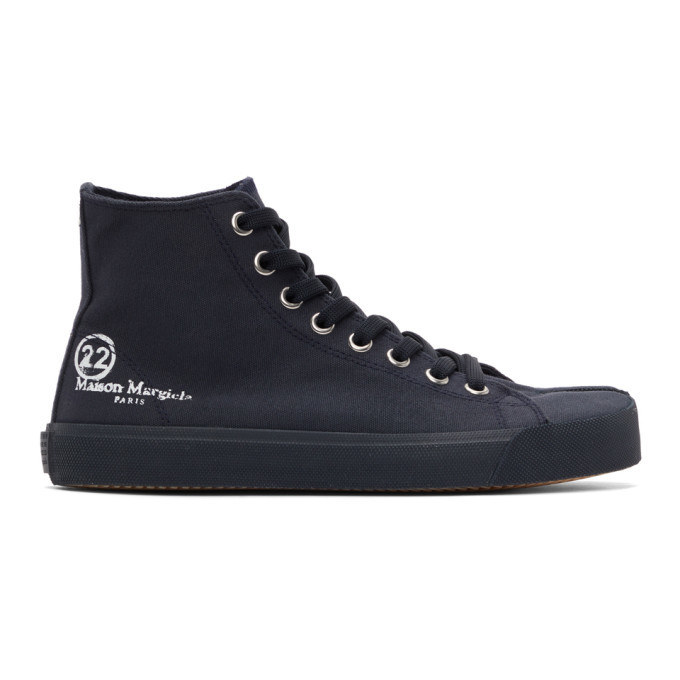 Photo: Maison Margiela Navy Canvas Tabi High-Top Sneakers