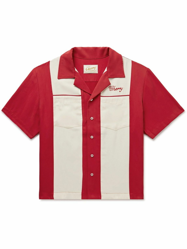 Photo: CHERRY LA - Camp-Collar Logo-Embroidered Colour-Block Brushed Twill Shirt - Red