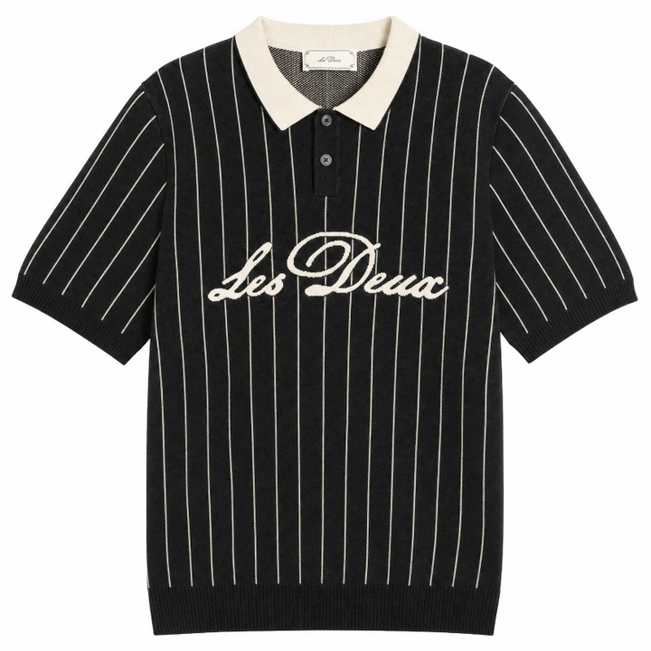 Photo: Les Deux Men's Pinstripe Knitted Polo in Black