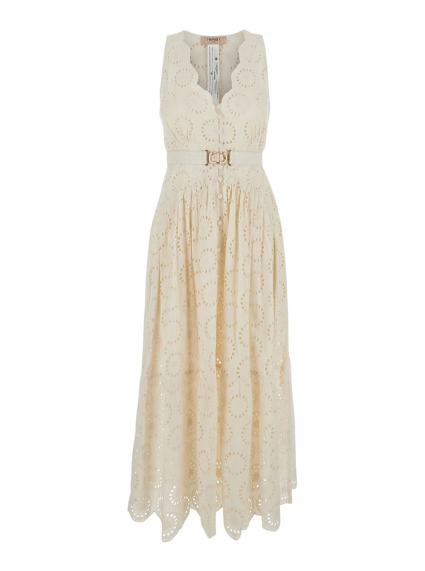 Photo: TwinSet White Long Dress With V-neck And Waist Belt With Metallic Logo Plaque In Cotton Woman
