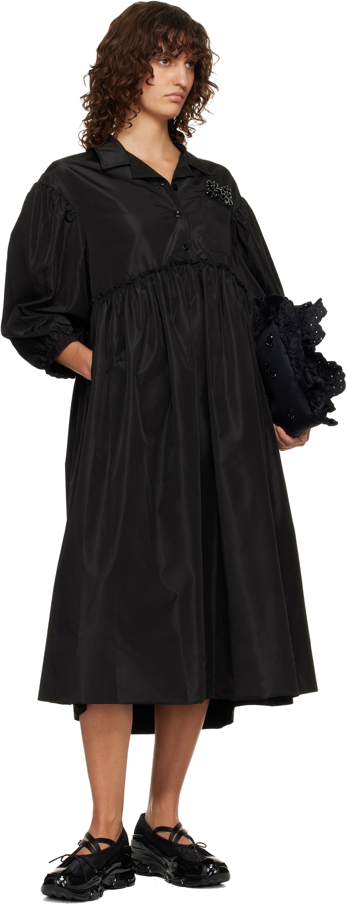 Simone Rocha Black Embellished Signature Smock Shirt Midi Dress