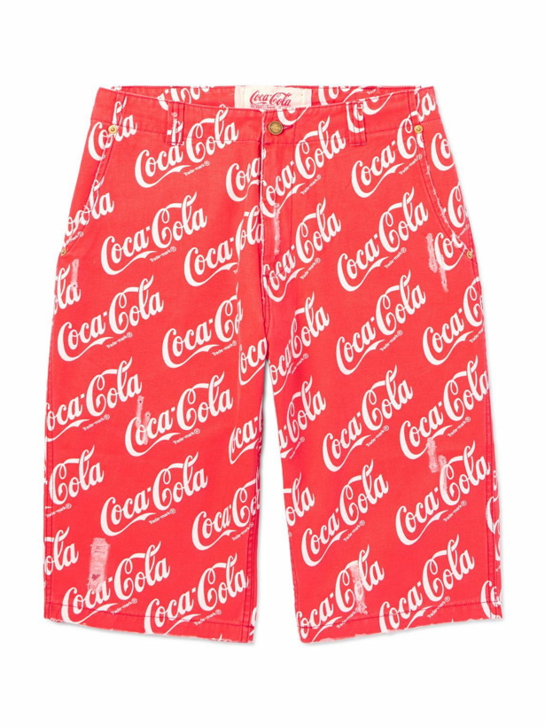 Photo: ERL - Coca-Cola Straight-Leg Distressed Printed Cotton-Canvas Shorts - Red