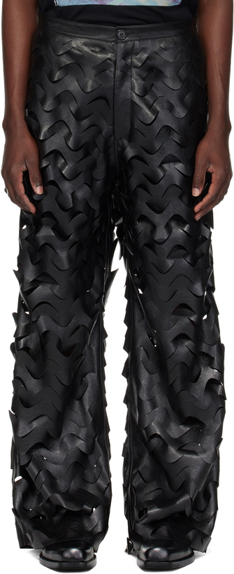Photo: LU'U DAN Black Laser Cut Wide-Leg Faux-Leather Pants