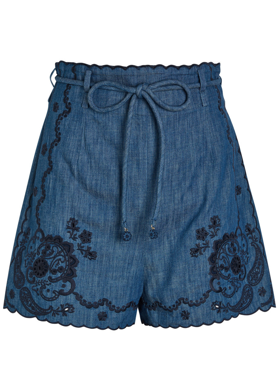 Zimmermann Aster Embroidered Belted Denim Shorts Blue