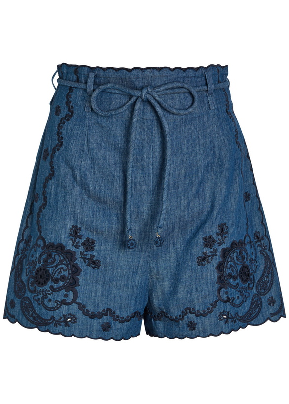 Photo: Zimmermann Aster Embroidered Belted Denim Shorts Blue