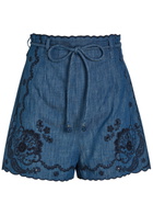 Zimmermann Aster Embroidered Belted Denim Shorts Blue