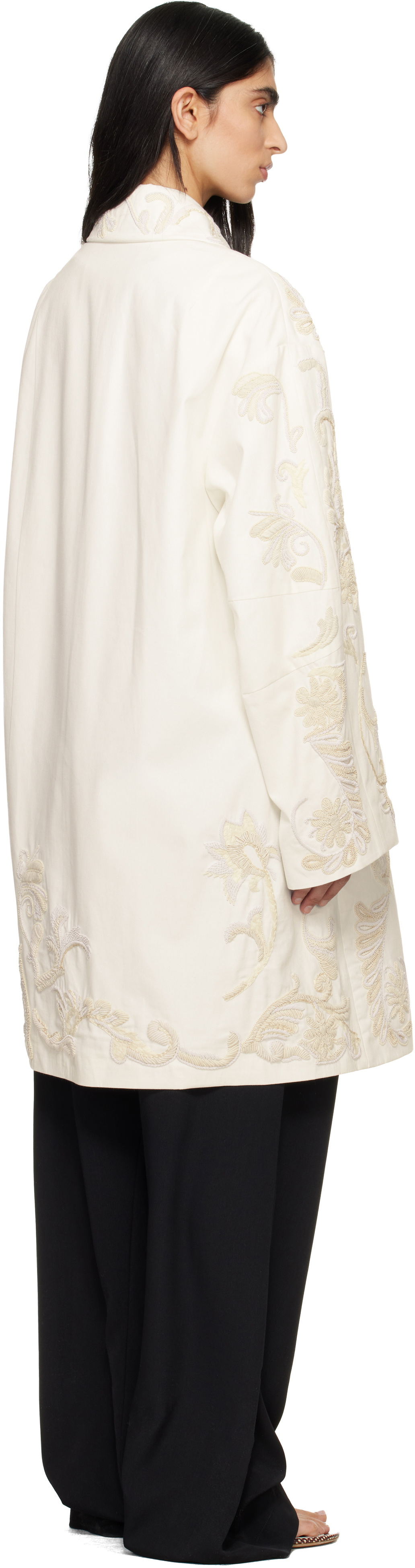 Dries Van Noten Off-White Embroidered A-Line Coat