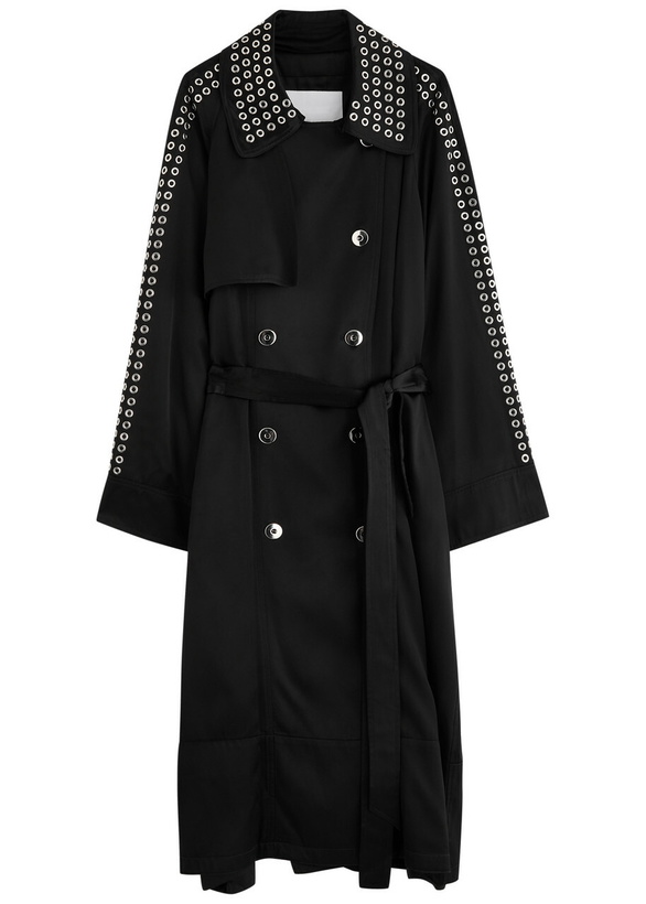 Photo: Rabanne Eyelet-embellished Satin Trench Coat Black