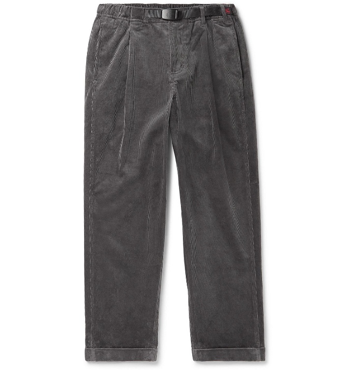 Photo: Gramicci - Tapered Cropped Belted Pleated Cotton-Blend Corduroy Trousers - Gray