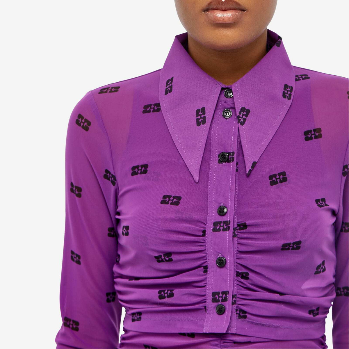 GANNI Women's Printed Mesh Crop Shirt in Sparkling Grape GANNI