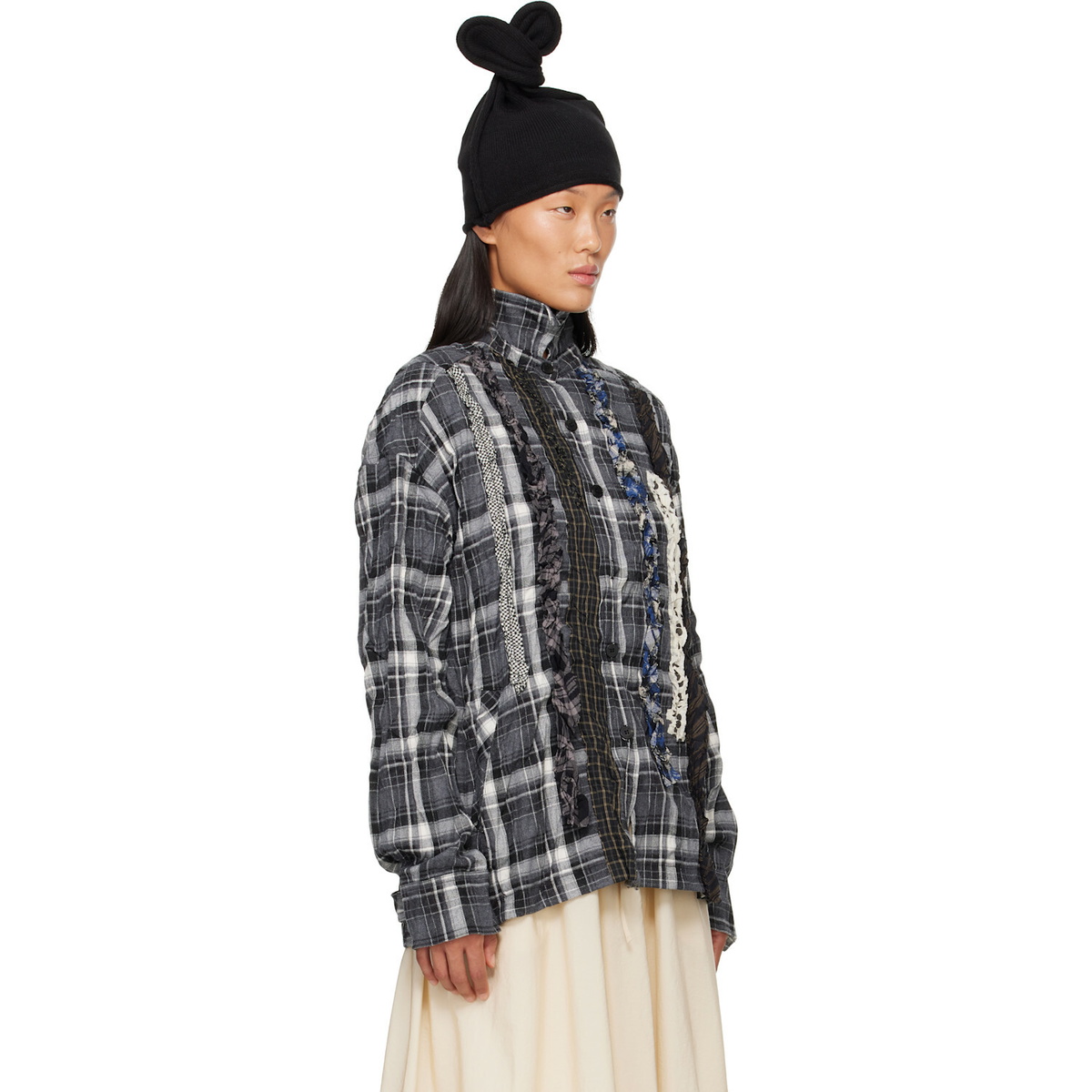 OPEN YY Black Checkered Crinkle Ruffle Shirt