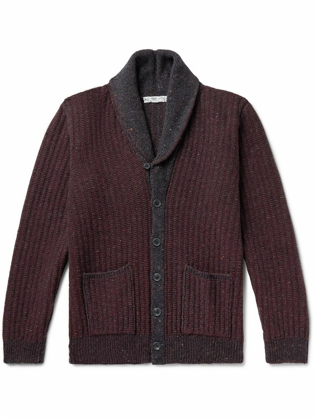Photo: Inis Meáin - Shawl-Collar Ribbed Donegal Merino Wool and Cashmere-Blend Cardigan - Burgundy