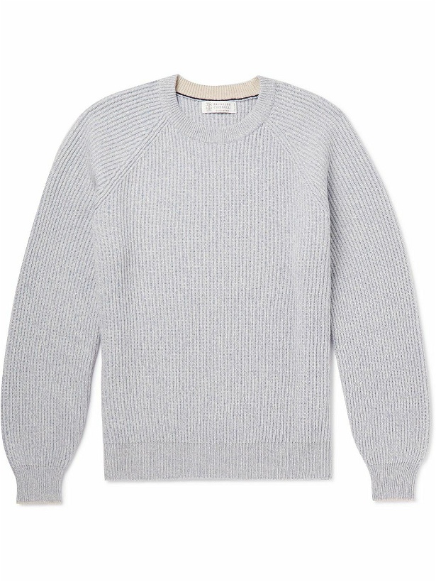 Photo: Brunello Cucinelli - Ribbed Wool, Cashmere and Silk-Blend Sweater - Gray