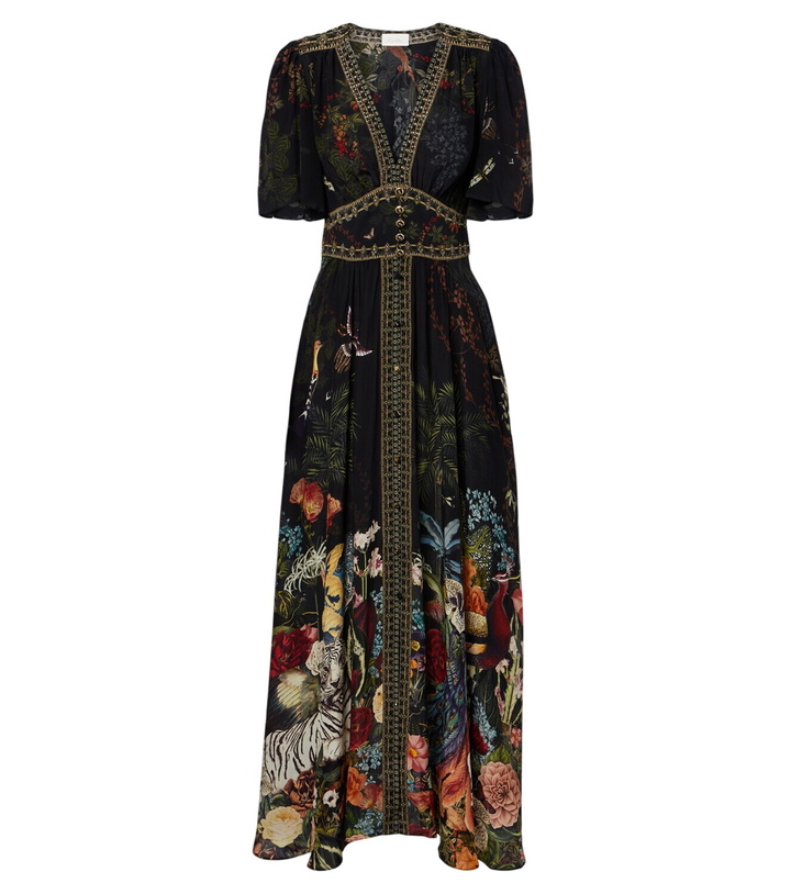 Photo: Camilla Embellished printed silk satin maxi dress