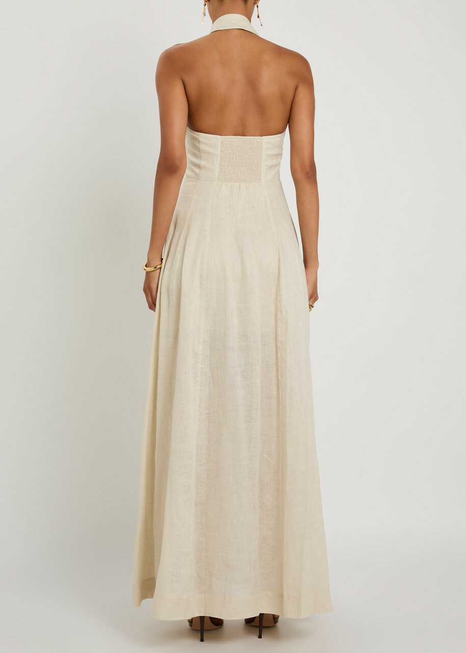 Alice + Olivia Kendall Halterneck Linen Maxi Dress Beige