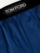 TOM FORD - Velvet-Trimmed Stretch-Silk Satin Boxer Shorts - Blue