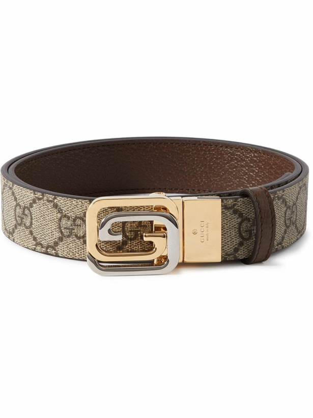 Photo: GUCCI - 3cm Reversible Monogrammed Supreme Coated-Canvas and Full-Grain Leather Belt - Neutrals