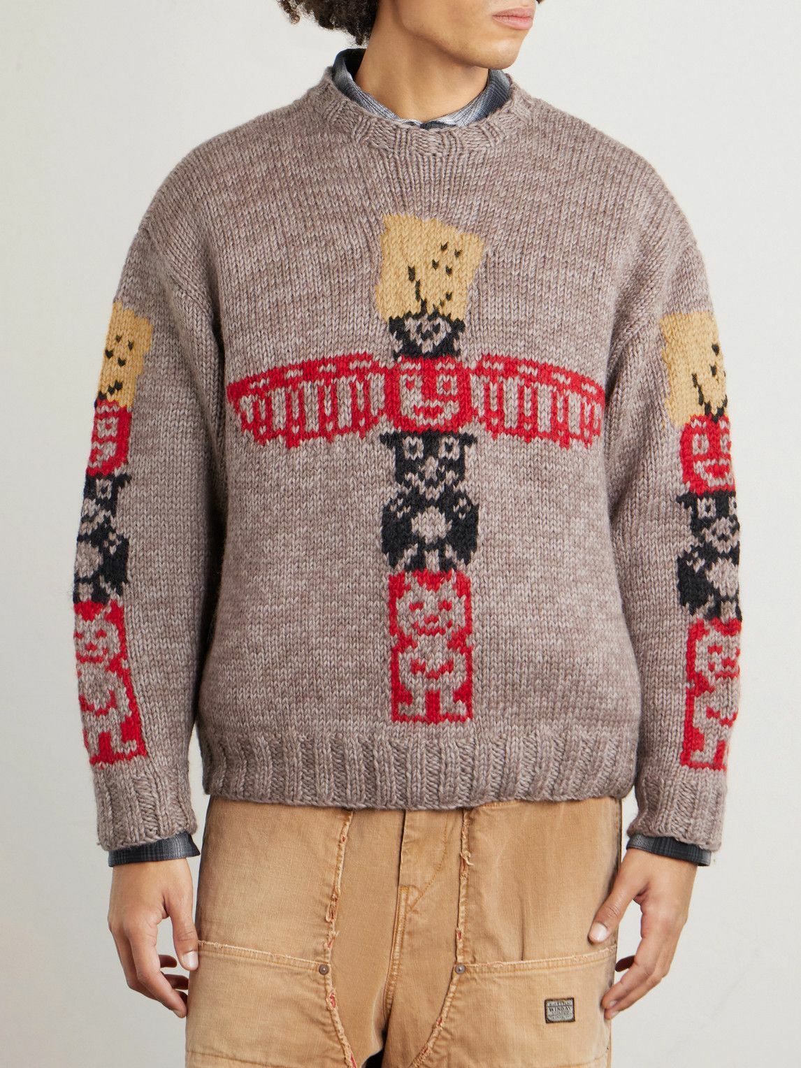 KAPITAL - Peckish Totem Pole Intarsia Wool Sweater - Gray