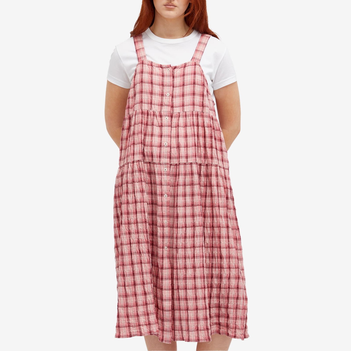 open lace back dress Threadbare Women's Pink Check Shirred Gauze Tiered Midi Dress main image 0