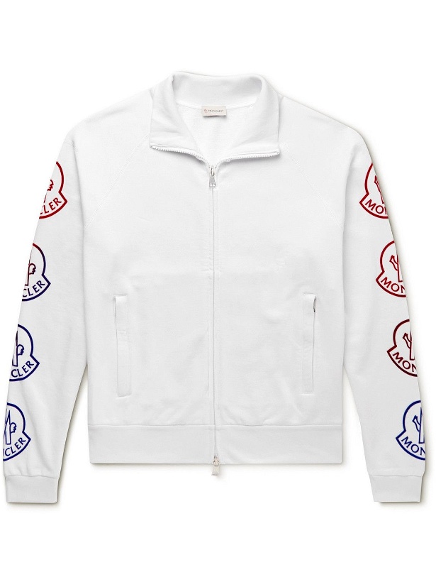 Photo: Moncler - Logo-Flocked Cotton-Jersey Zip-Up Sweatshirt - White
