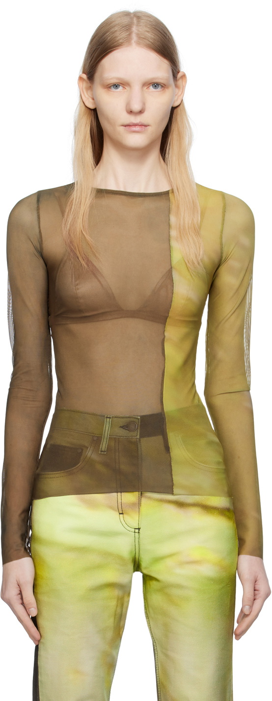 Serapis Khaki Sheer Long Sleeve T-Shirt
