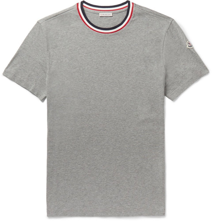 Photo: Moncler - Logo-Appliquéd Stripe-Trimmed Mélange Cotton-Jersey T-Shirt - Gray