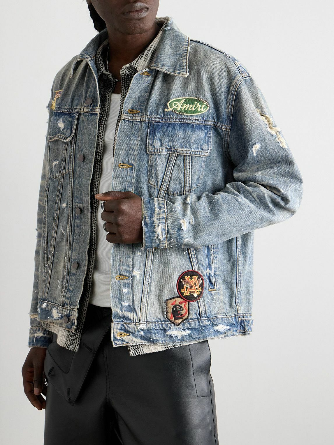 AMIRI - Vintage Pegasus Embellished Distressed Paint-Splattered Denim Trucker Jacket - Blue