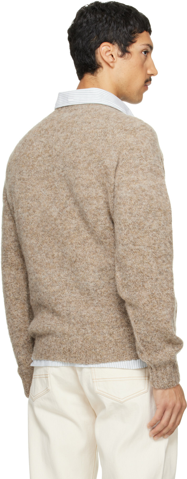 Drake's Beige Brushed Shetland Crew Neck Sweater
