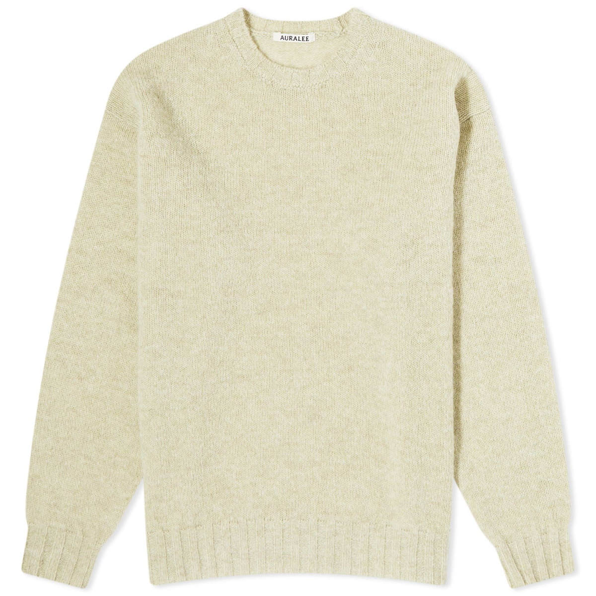 Auralee Men's Shetland Wool Cashmere Crew Knit in Yellow Green Auralee