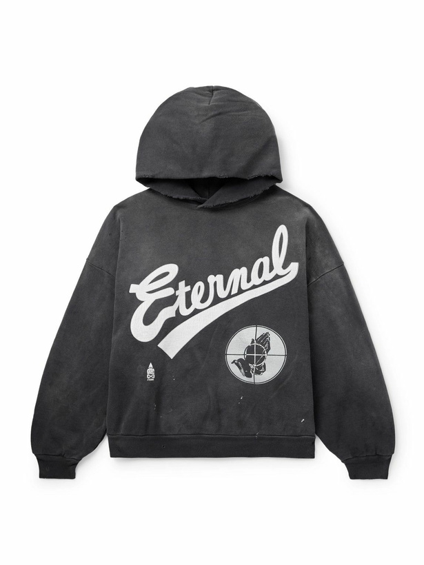Photo: SAINT MXXXXXX - Fear of God Distressed Logo-Print Cotton-Jersey Hoodie