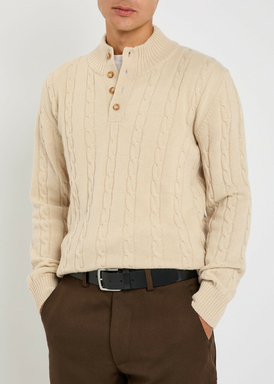 Aurélien Cable-knit Wool and Cashmere-blend Polo Jumper Beige