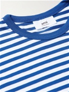 AMI PARIS - Logo-Embroidered Striped Organic Cotton-Jersey T-Shirt - Blue