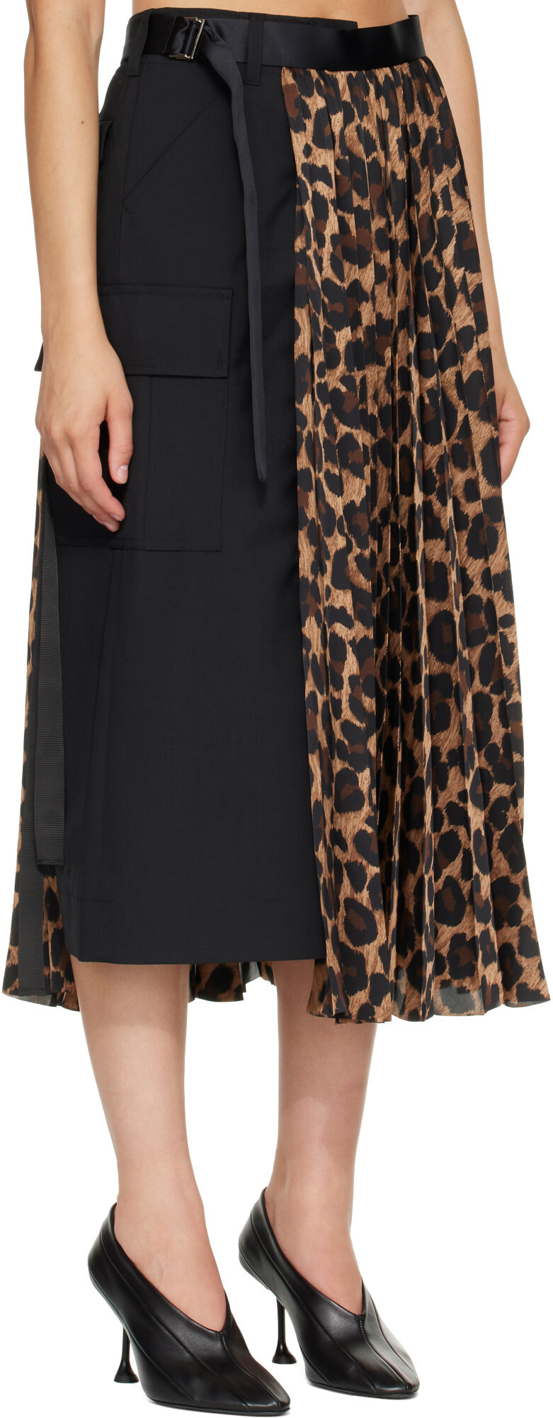 sacai Black Leopard x Suiting Midi Skirt