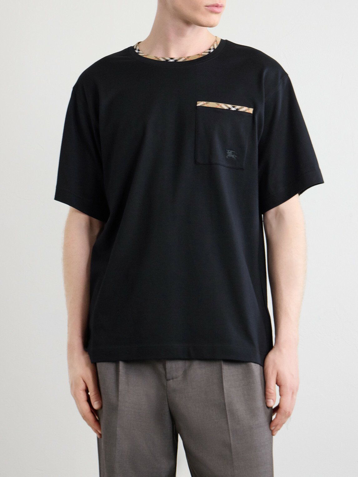 Burberry - Logo-Embroidered Checked Cotton-Jersey T-Shirt - Black