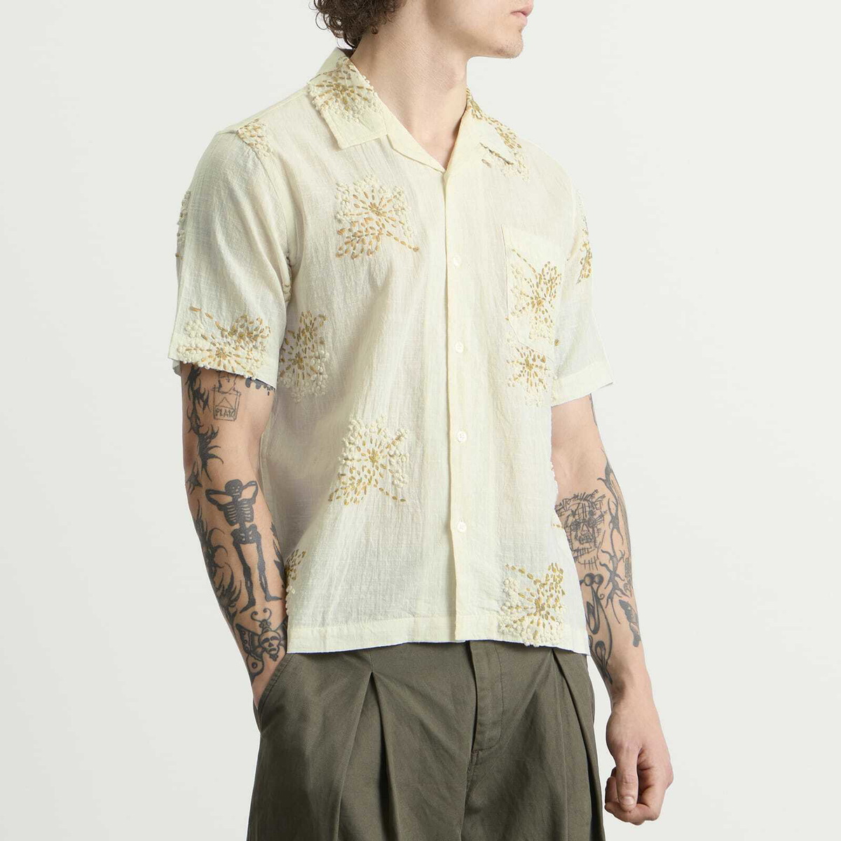 Universal Works Men's Hand Embroidered Stripe Road Shirt in Ecru
