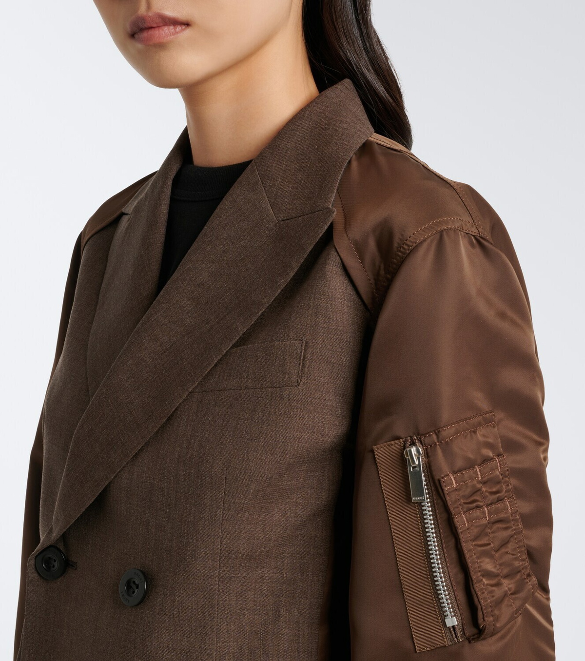 Sacai Double-breasted wool and technical jacket