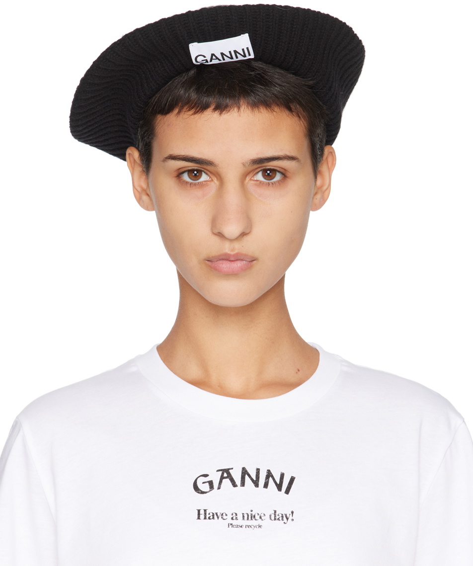 GANNI Black Wool Rib Knit Beret GANNI