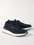 Brunello Cucinelli - Leather-Trimmed Stretch-Knit Sneakers - Blue
