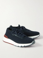 Brunello Cucinelli - Leather-Trimmed Stretch-Knit Sneakers - Blue