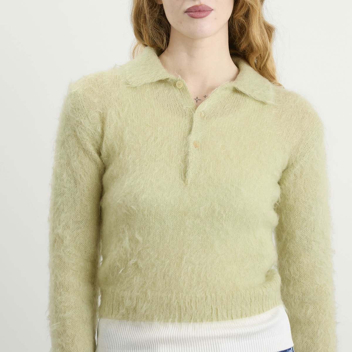 Auralee Women's Mohair Knit Polo in Light Khaki