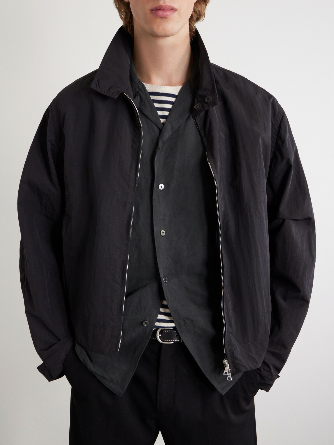 A.PRESSE - Convertible-Collar Silk and Linen-Blend Shirt - Black